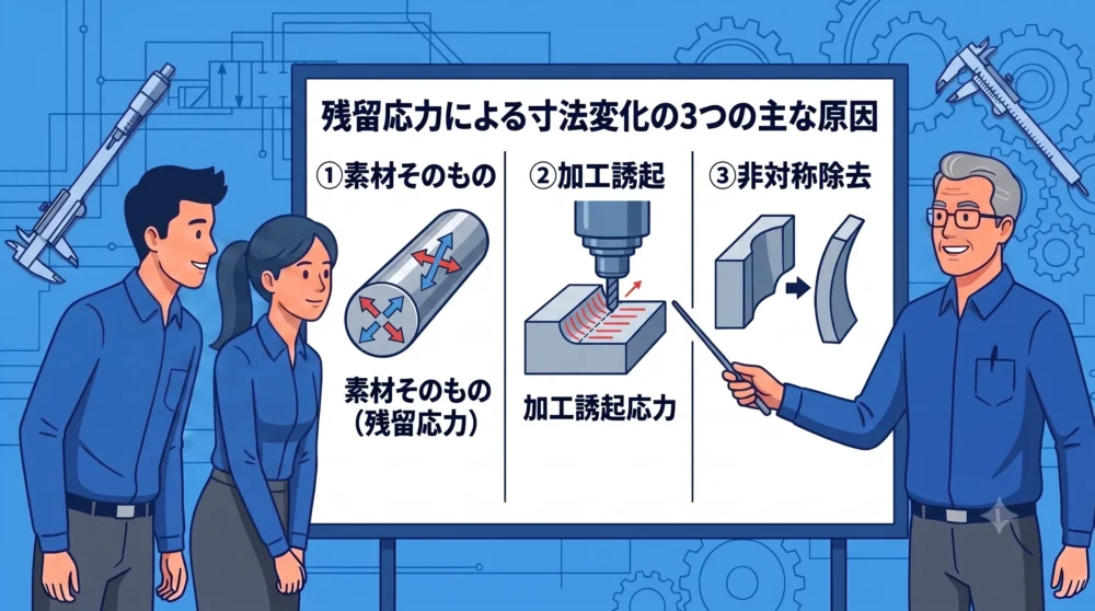 残留応力による寸法変化の3つの主な原因（素材そのものの応力、加工応力、非対称な除去）を解説する3分割の図解。