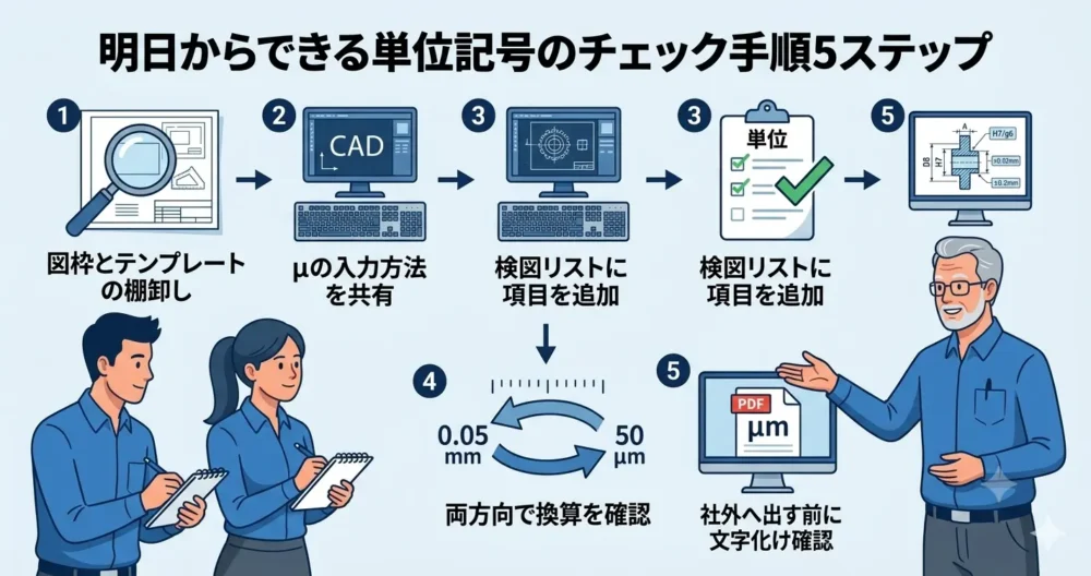 図枠の棚卸し、入力方法、チェックリスト、両方向換算、文字化け確認という、単位記号をチェックするための5つの手順を示す図解イラスト。