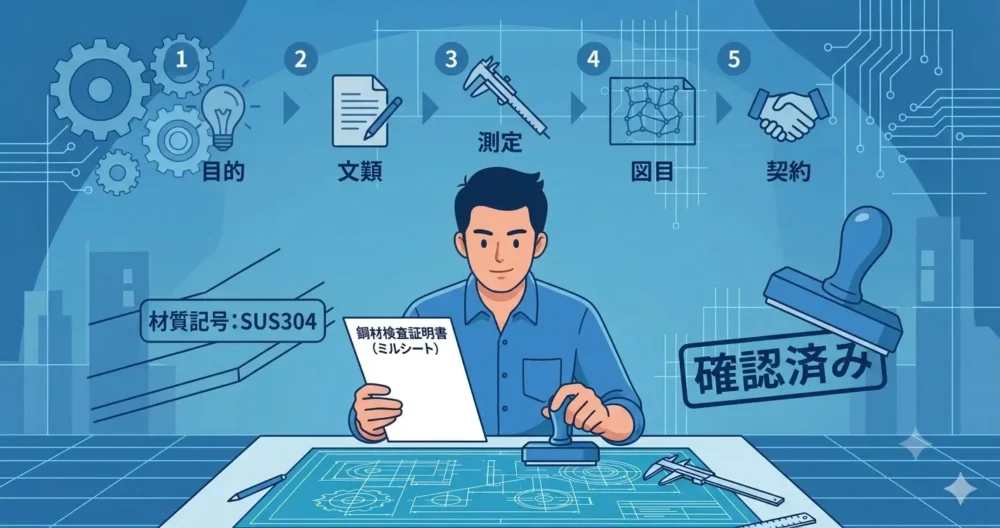 ステンレスの材質をミルシートで確認する具体的なステップのイラスト