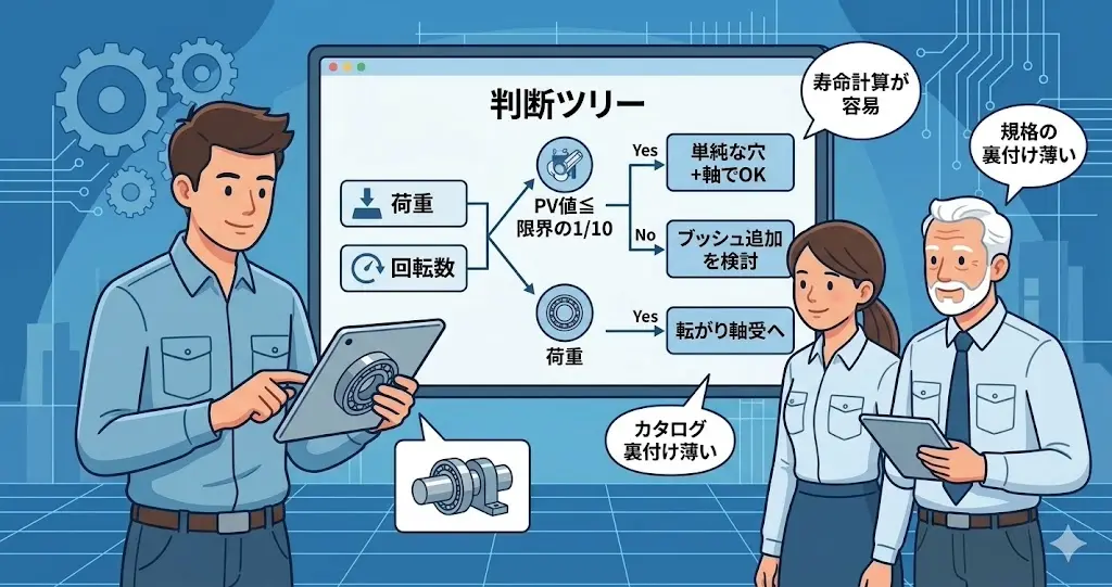 限界PV値と比べて軸受の種類を選ぶ判断フロー図