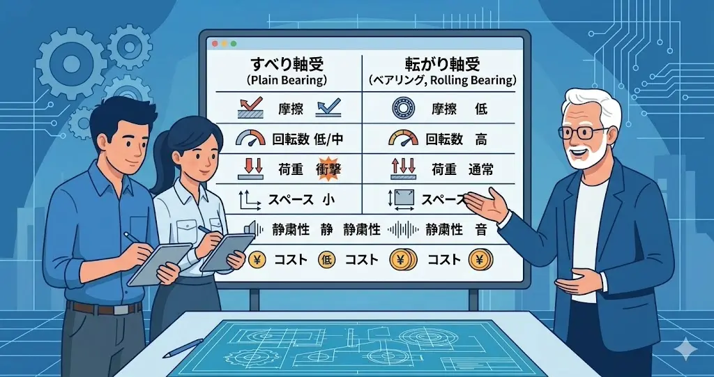 すべり軸受と転がり軸受を6項目で比べた比較図