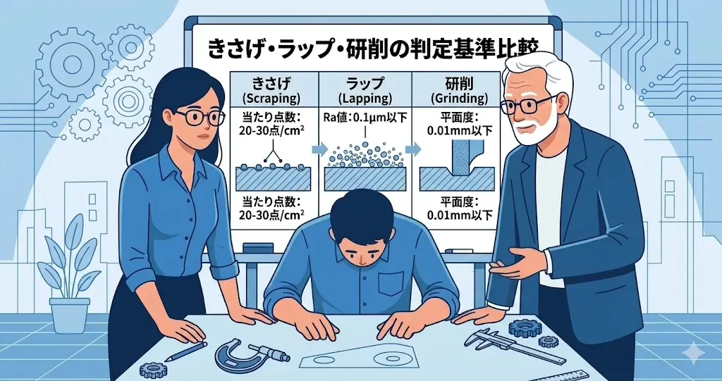 きさげ・ラップ・研削の目的と精度の違いを比べた図