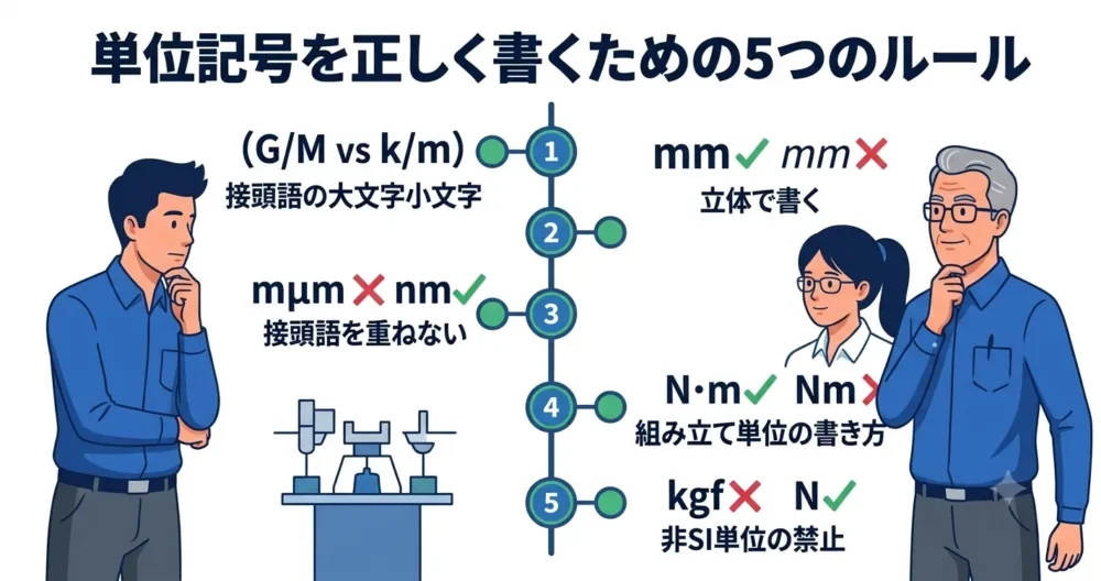 接頭語、書式(立体)、複合接頭語禁止、組み立て単位、非SI単位の禁止という5つの正しい単位記号のルールを示す図解イラスト。