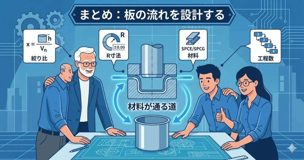 深絞り加工のまとめとして、「板の流れを設計する」という概念を、完成した製品と金型断面図、そして笑顔で話し合う3人の設計者で解説するイラスト。