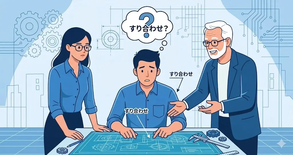 すり合わせ指示に困惑する若手と相談に乗るベテラン