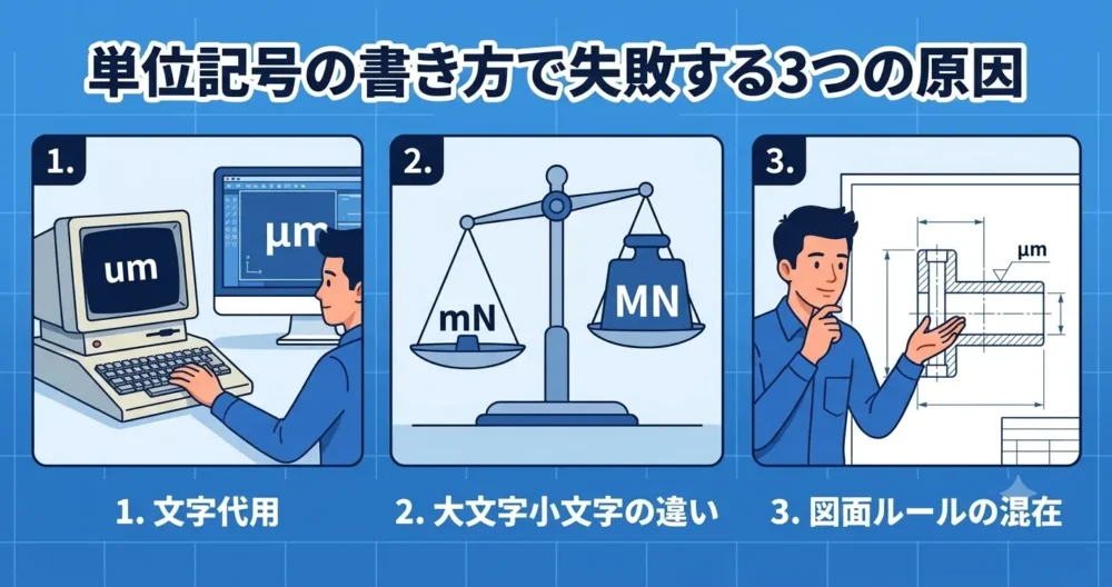 図面で単位記号の書き方を間違える3つの主な原因(文字代用、大文字小文字、図面のルール)を示す図解イラスト。