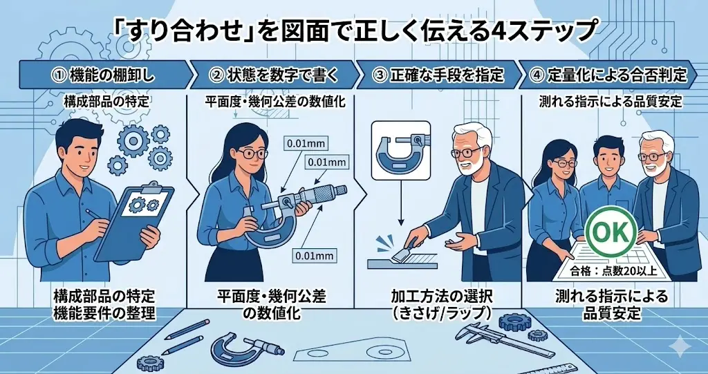 平面度・Ra・当たり点数に書き換える4ステップの図