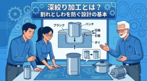 深絞り加工の金型断面と変形メカニズムを囲む設計者たち