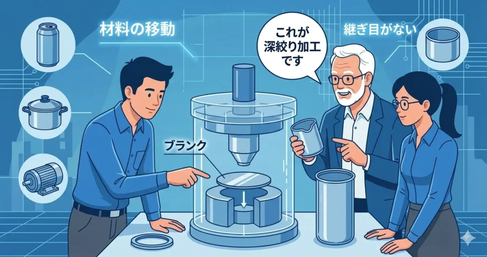 深絞り加工の仕組みを、金型の断面図と3人の設計者(シニア、男性、女性)を用いて解説するイラスト。円形の金属板が継ぎ目のない容器になる。