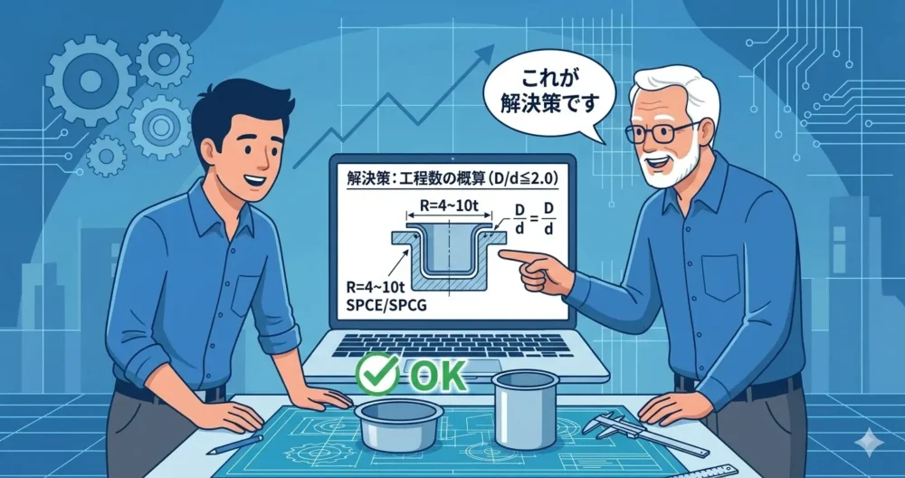 深絞り加工の失敗を防ぐための設計の解決策(工程数概算、適切なR、材料選定)を、明るい表情で話し合う2人の男性設計者(シニアと若手)と試作品。