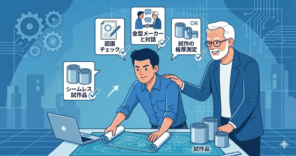 深絞り加工の設計者として成長するための具体的な3つのアクション(図面チェック、対話、試作測定)を、自信を持って実践する若い男性設計者と見守るシニア男性。