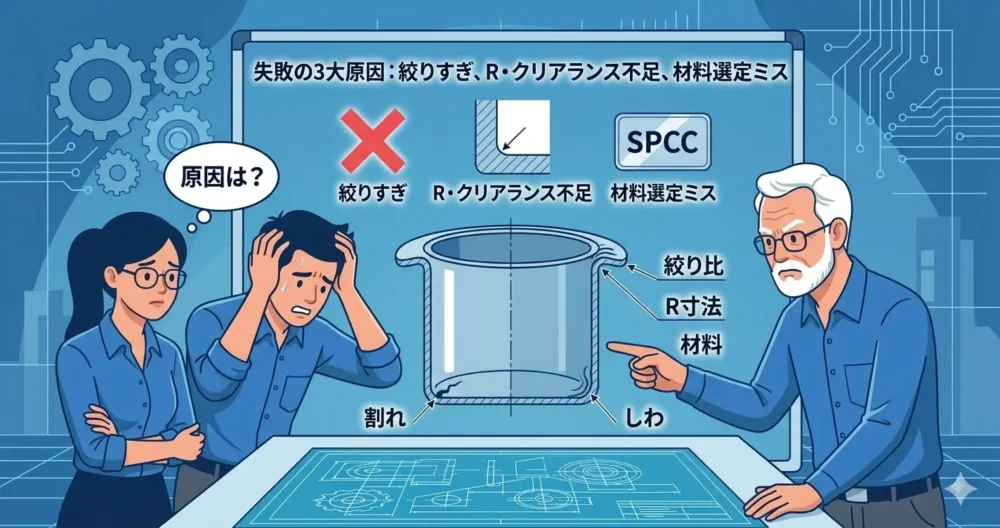 深絞り加工で発生する不良(割れ、しわ)の3大原因(絞りすぎ、寸法不足、材料ミス)を、困惑する3人の設計者と設計図面を用いて解説するイラスト。