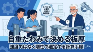 自重たわみで板厚を決める計算手順と考え方を解説した機械設計者向けアイキャッチ画像
