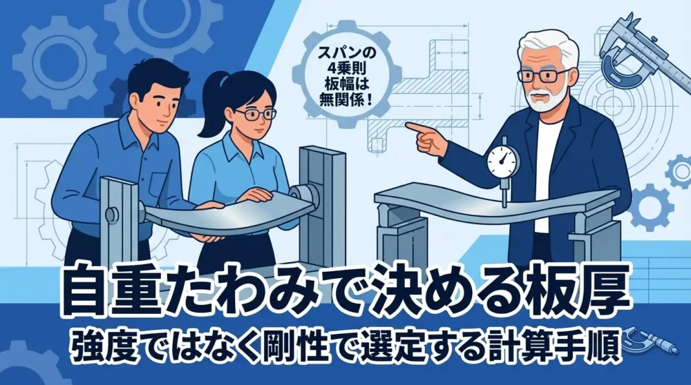 自重たわみで板厚を決める計算手順と考え方を解説した機械設計者向けアイキャッチ画像