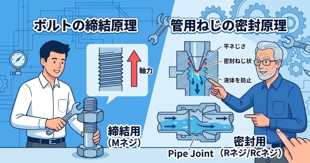 ボルト(締結用Mネジ)と配管継手(密封用Rネジ)の目的の違いを比較。継手の図解は金属接触による密封を示す。