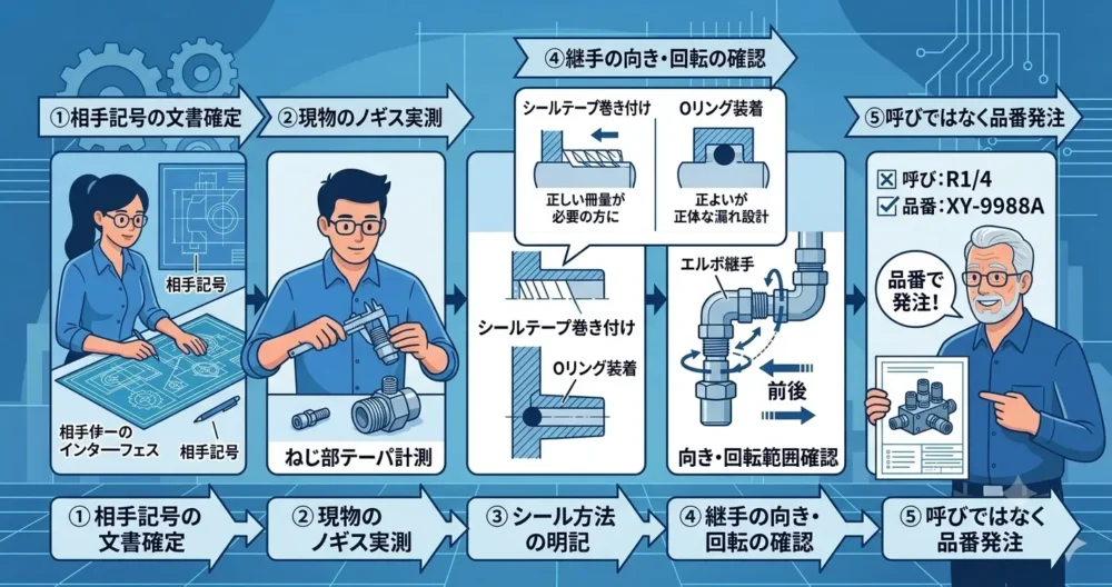 現場で即実践できる管用ねじ・配管継手を確定する5つの手順を示すイラスト図解