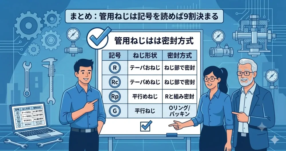 管用ねじ(R・Rc・Rp・G)の選定ポイントと記号の読み方をまとめた総括図解