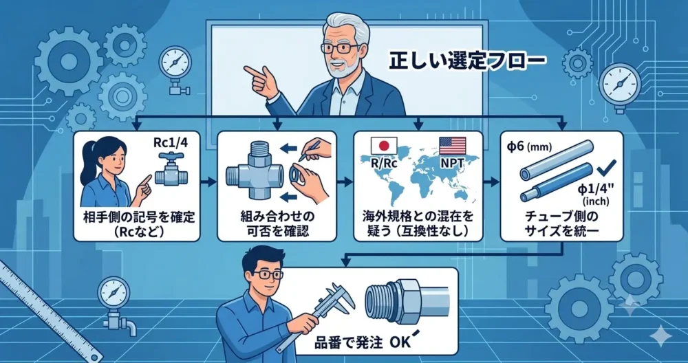 管用ねじを正しく選ぶための4つの判断軸を示すフローチャート。相手側記号の確定、組み合わせの可否、規格混在、チューブサイズ統一。