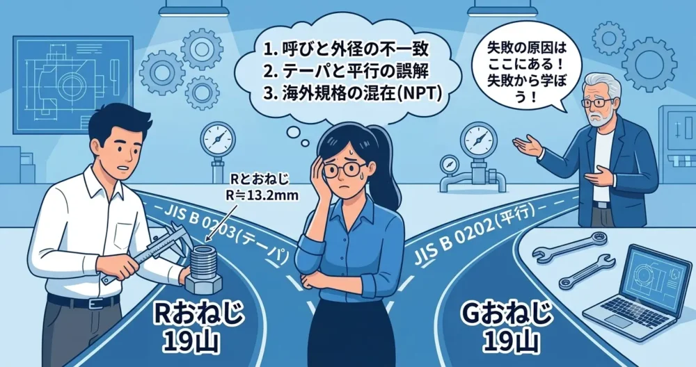 管用ねじのテーパ(R)と平行(G)の見分け、呼びと外径、海外規格(NPT)の混在など、選定失敗の原因を示す図解。