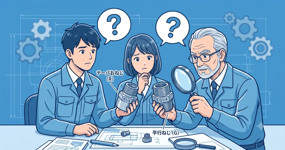 管用ねじのR(テーパ)とG(平行)の継手を見て、違いが分からず困惑する3人のエンジニア。