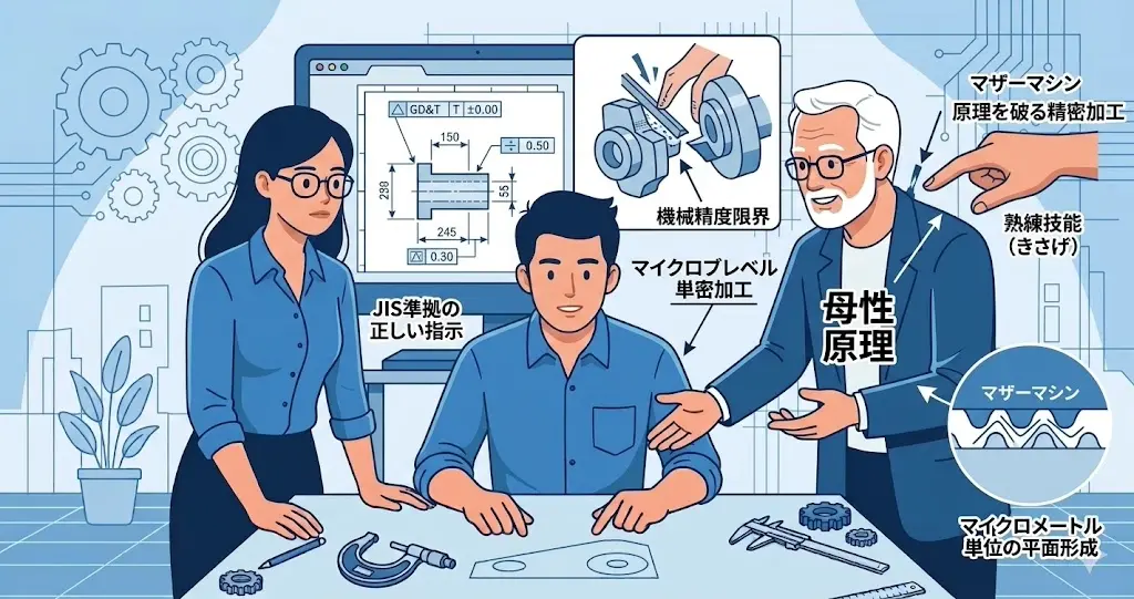 工作機械の精度限界を超える母性原理ときさげの油だまり効果の図