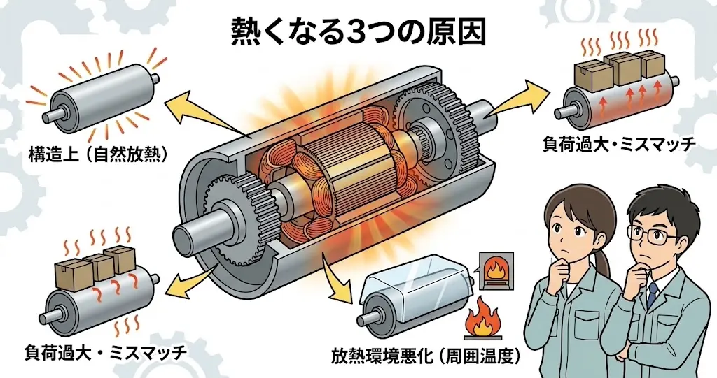 モーターローラーの内部構造図と、発熱の原因となる「構造上」「負荷条件」「放熱環境」の3つを視覚化したテクニカルイラスト。