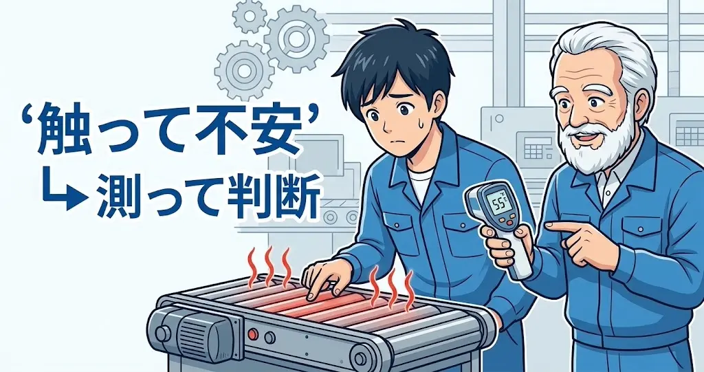 モーターローラーの発熱に不安を感じる若手設計者と、それを温度計で測るように促す熟練設計者のイラスト。感覚を数字に置き換える重要性を表す。