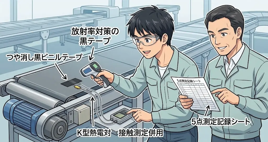 工場現場でモーターローラーの温度を正しく測る若手設計者。放射率対策の黒テープを貼り、接触測定(熱電対)を併用し、記録シートを記入する様子を描いたイラスト。