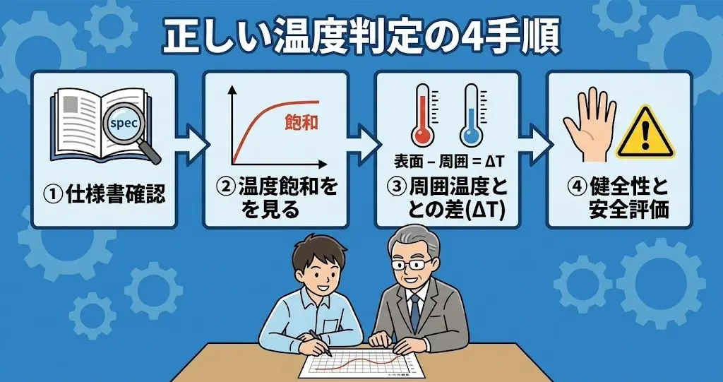 モーターローラーの温度判定プロセスを4つのステップ(仕様確認、温度飽和、周囲温度差、安全対策)で表したフローチャート形式のイラスト。