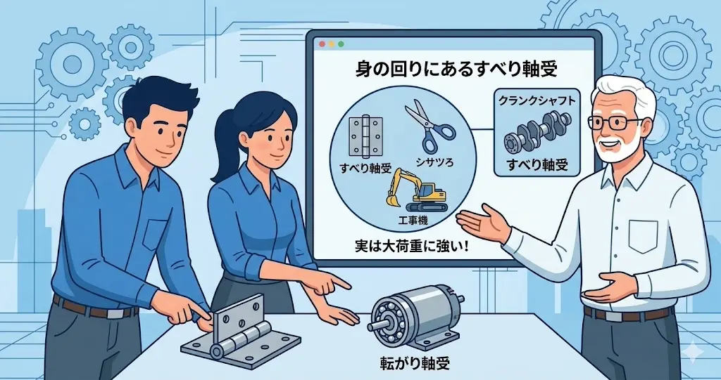 すべり軸受の定義と、ヒンジや建設機械での応用例の図解