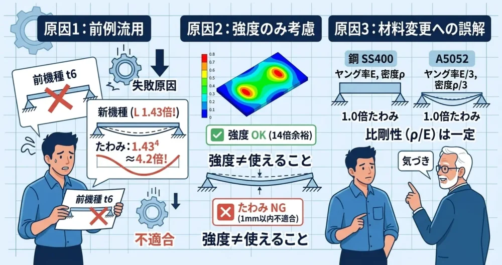 板厚選定で陥りがちなスパン延伸・強度計算のみ・材料変更の3大失敗原因を示す技術解説イラスト