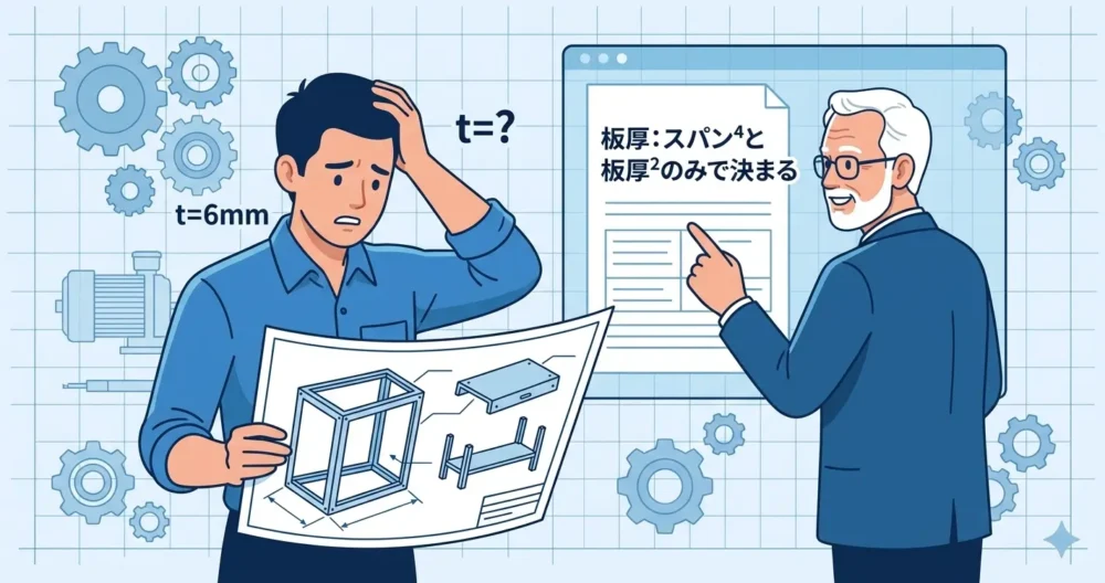 機械設計の現場で鋼板の棚の自重たわみと板厚の選定に悩む若手設計者とアドバイスするベテラン設計者のイラスト