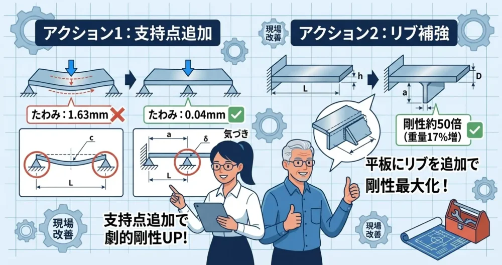 板厚を厚くせずに支点追加やリブ補強で劇的に剛性を高める自重たわみ対策の具体例イラスト