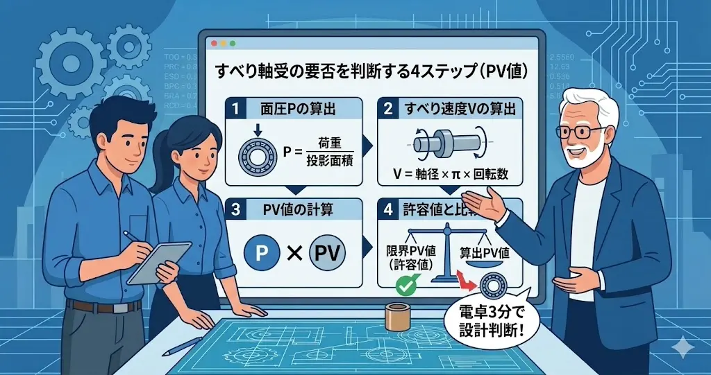 面圧とすべり速度からPV値を求める4ステップの図