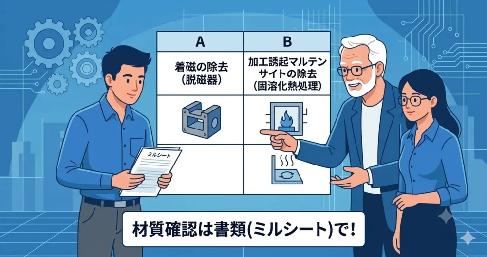 着磁の脱磁と、加工による磁性を消す固溶化熱処理の違いの図解