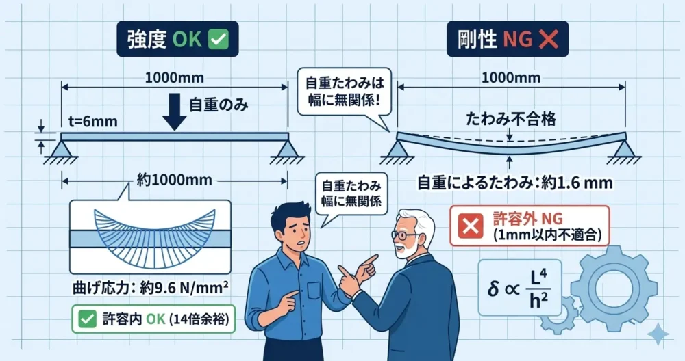 鋼板の自重たわみ計算において板幅は影響せずスパンの4乗と板厚の2乗で剛性が決まることを解説する図解イラスト