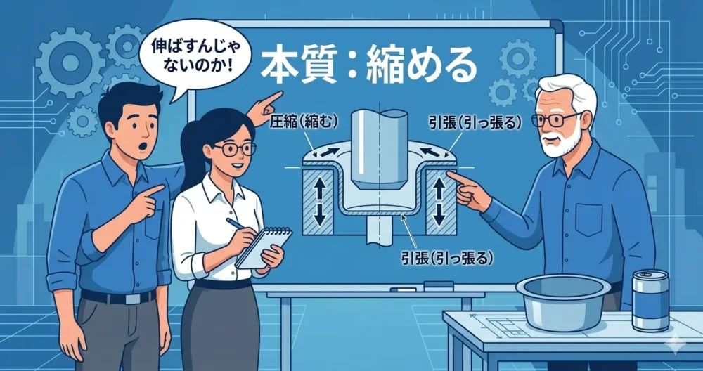 深絞り加工における材料の変形メカニズムを解説するイラスト。フランジ部の圧縮と側壁の引張(「伸ばす」ではなく「縮める」)を3人の設計者が学ぶ。