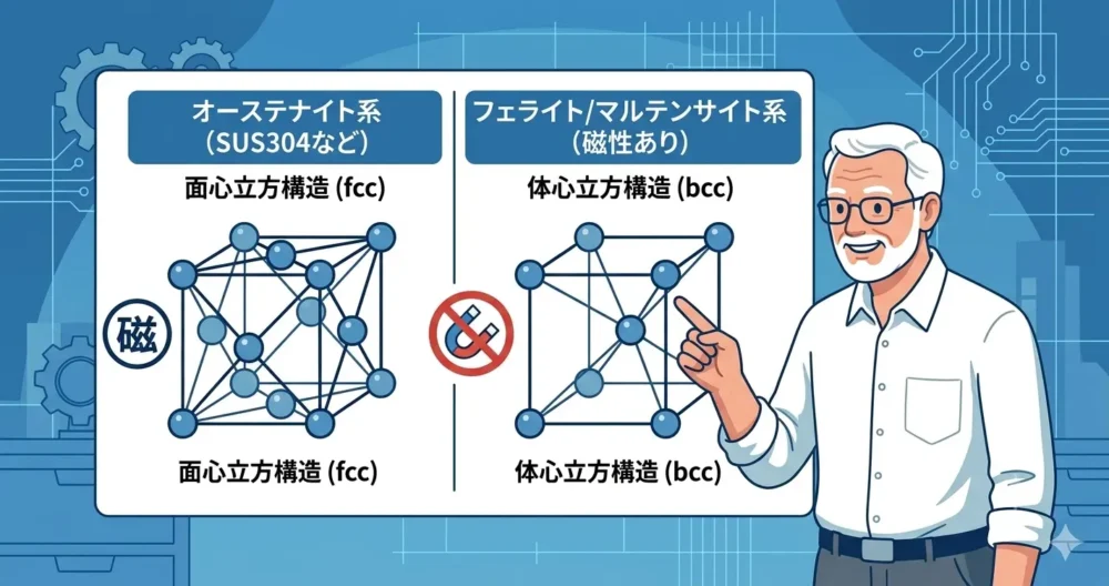 オーステナイト系(非磁性)とフェライト系(強磁性)の結晶構造比較図解