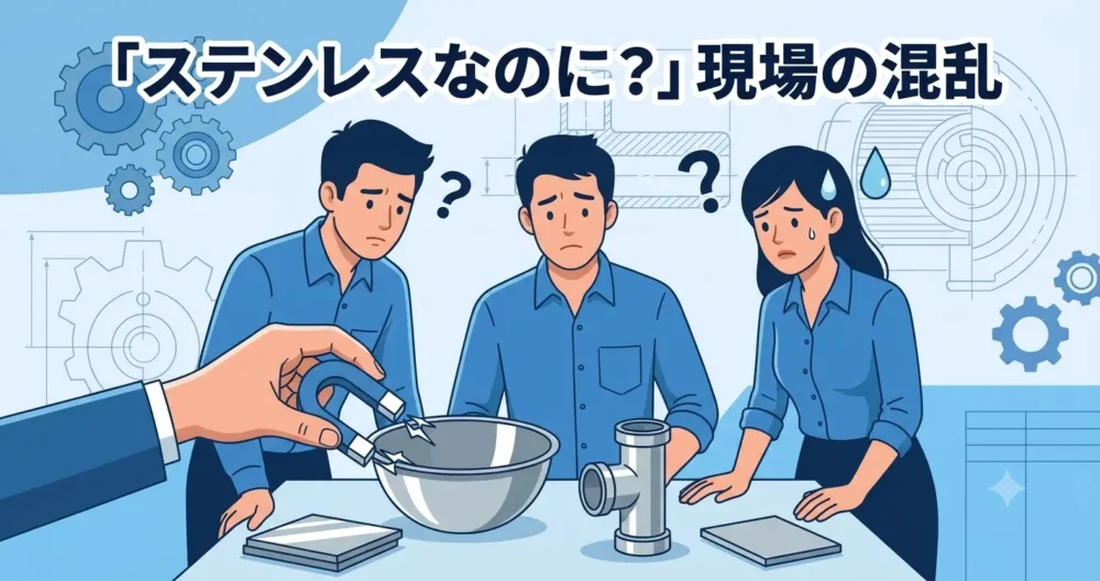ステンレスに磁石がつくことに混乱する若手エンジニアのイラスト図解