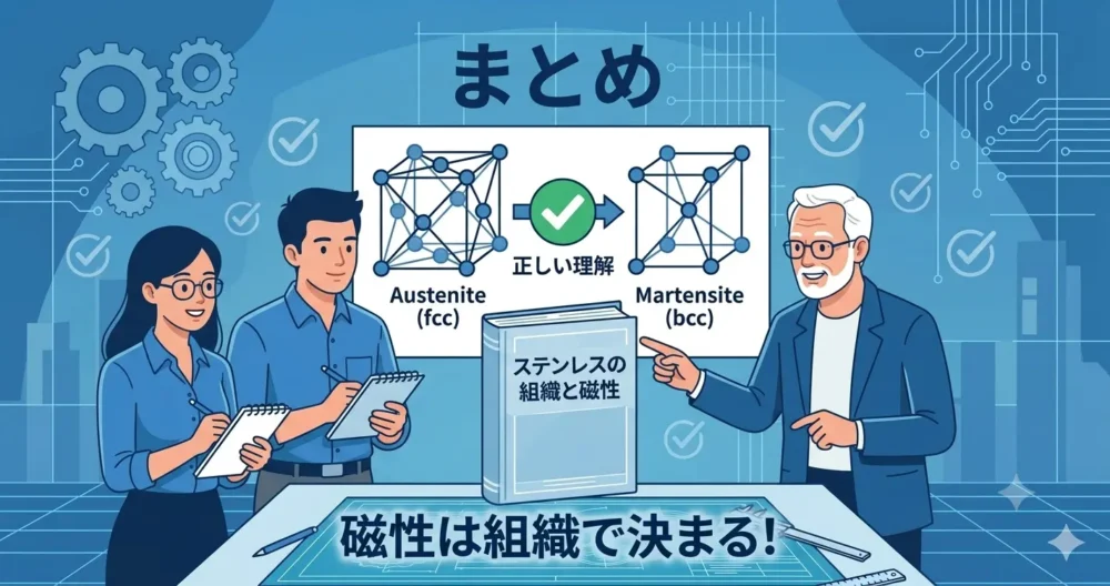 ステンレスと磁石の関係、結晶組織が決め手であるという結論の図解