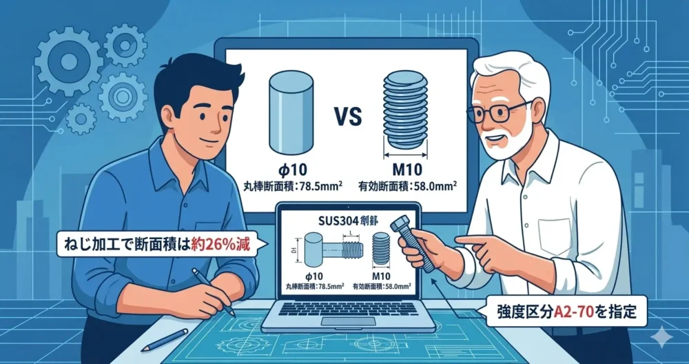 SUS304丸棒をねじ加工してボルトとして使用する際の実務上の注意点を解説したイラスト。丸棒とねじ部の断面積の違いを比較し、A2-70などの強度区分指示の重要性を強調している。