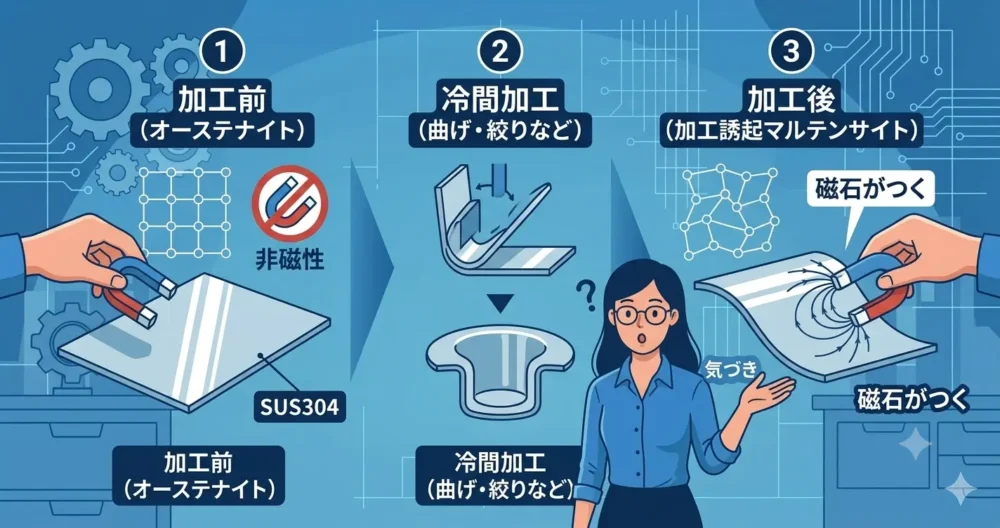 SUS304ステンレスが冷間加工により磁性を帯びる原因(加工誘起マルテンサイト)の図解