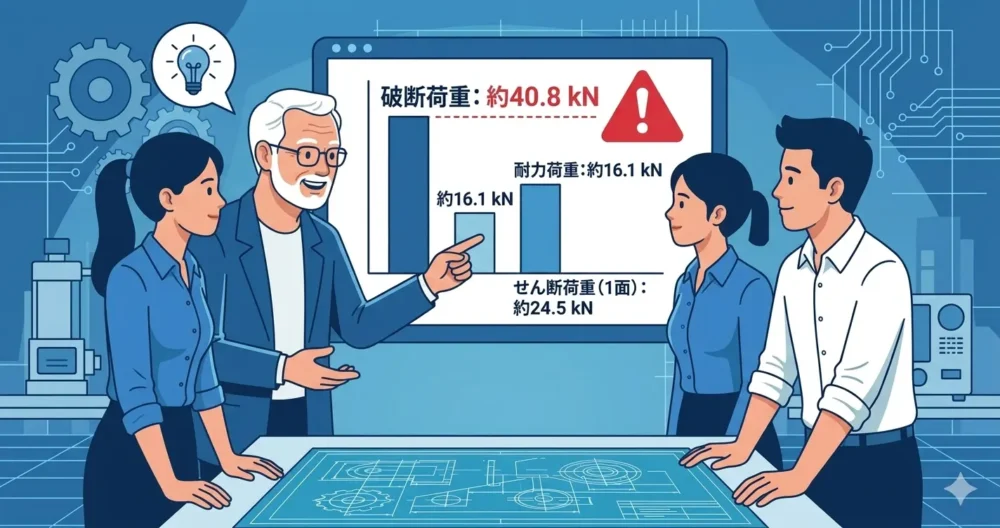SUS304丸棒の破断荷重を正しく求めるためのステップを視覚化したイラスト。引張強さに基づく「破断荷重」、耐力に基づく「変形開始荷重」、せん断強さに基づく「せん断破断荷重」の3つの異なる荷重基準を比較している。