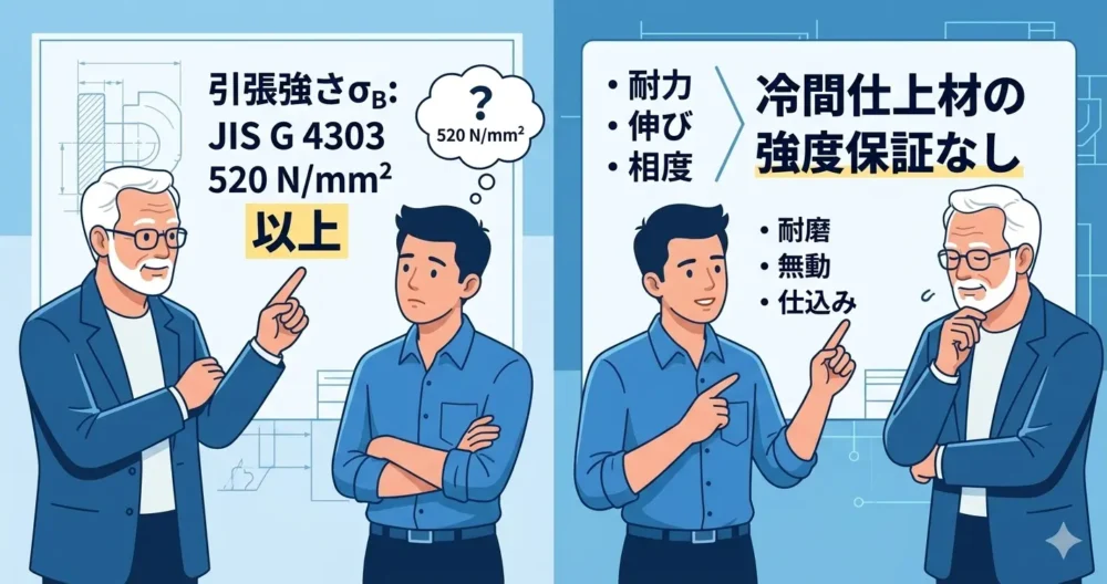 SUS304丸棒の破断荷重計算で初心者が陥りやすい、規格値の「以上」という表記の誤解や、冷間仕上材の強度保証についての落とし穴を視覚化したイラスト。JIS規格とミルシートの実測値の違いを解説している。