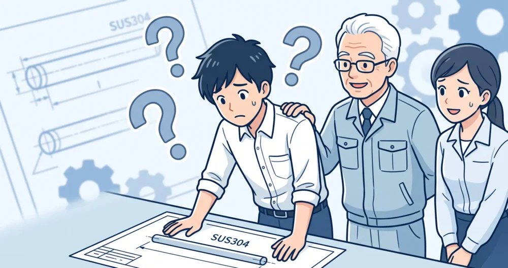 SUS304丸棒の破断荷重計算において、設計者が実務で直面する「式に入れる数字がわからない」という悩みを表現したイラスト。ベテラン技術者に見守られながら、若手技術者が図面を前に考え込んでいる。