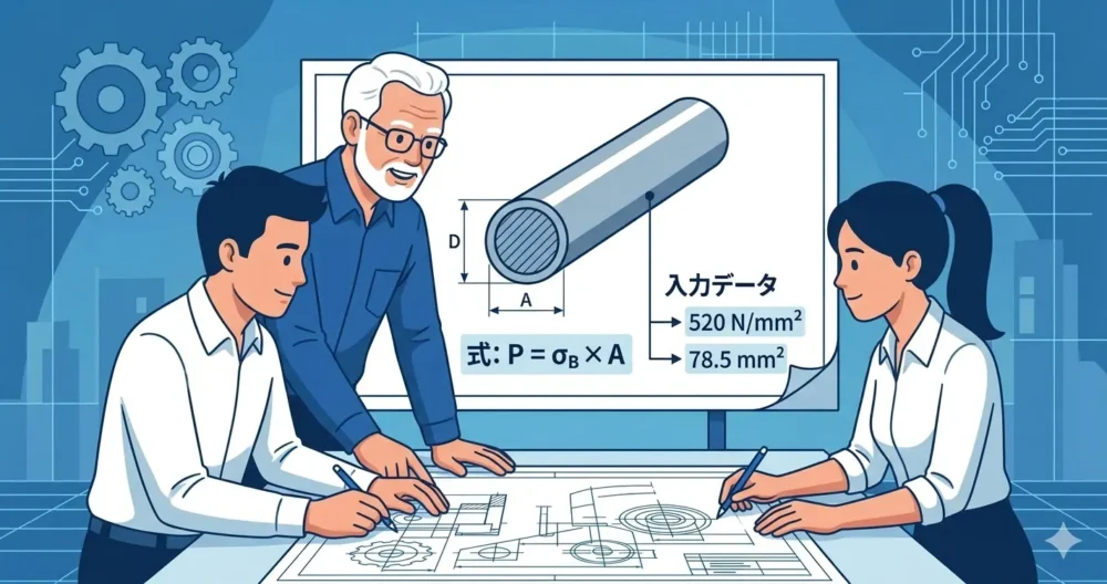 SUS304丸棒の破断荷重計算式(P = σB × A)と、その式に入力する「引張強さ(σB)」の概念を視覚化したイラスト。若手技術者と女性技術者がベテラン技術者の解説を聞きながら、図面上の断面積と強度の関係を学んでいる。