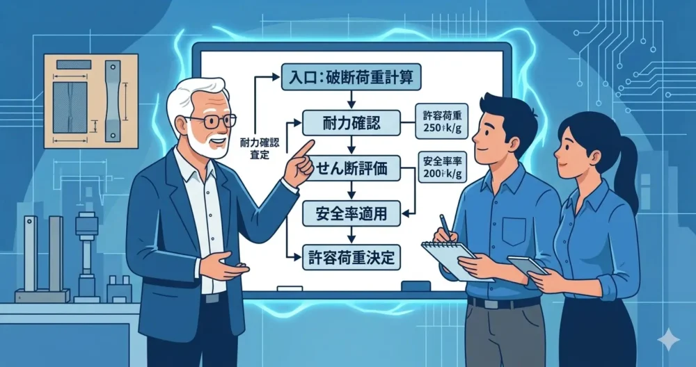 SUS304丸棒の破断荷重計算における、衝撃的な「破断」と隠れた「落とし穴」を視覚化したブログ記事用アイキャッチ画像。衝撃で真っ二つに裂けたφ10丸棒と、驚く若手技術者、そして冷静に解説するベテラン技術者が描かれている。タイトル「SUS304丸棒の破断荷重は?計算方法と落とし穴」と、重要な数字「約40.8kN(4.2トン)で破断!」が強調されている。