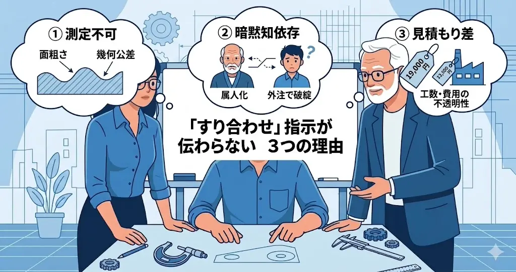 すり合わせ指示が伝わらない3つの理由を示す図解