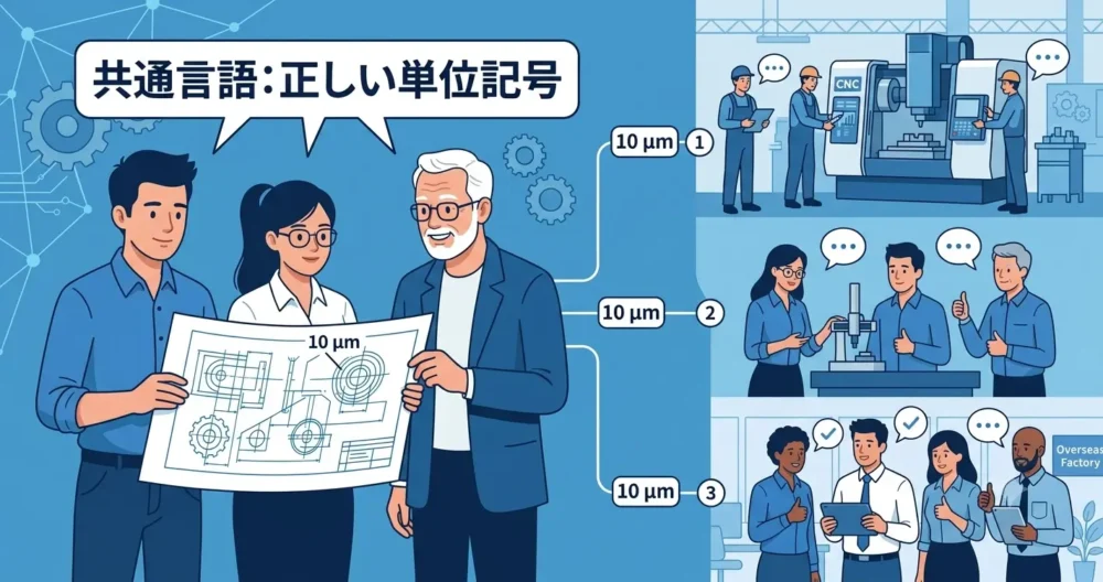 正しい単位記号という「共通言語」によって、設計者、加工先、海外工場が誤解なく意思疎通している様子を表すイラスト。