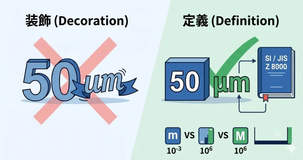 単なる「飾り」ではなく、国際規格(SI)で厳密に「定義」された記号としての単位を表す図解イラスト。